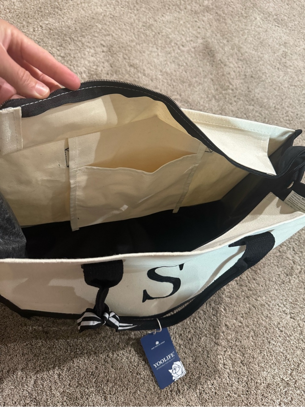 Black & White Canvas Tote Bag with S Monogram - Picture 4 of 6